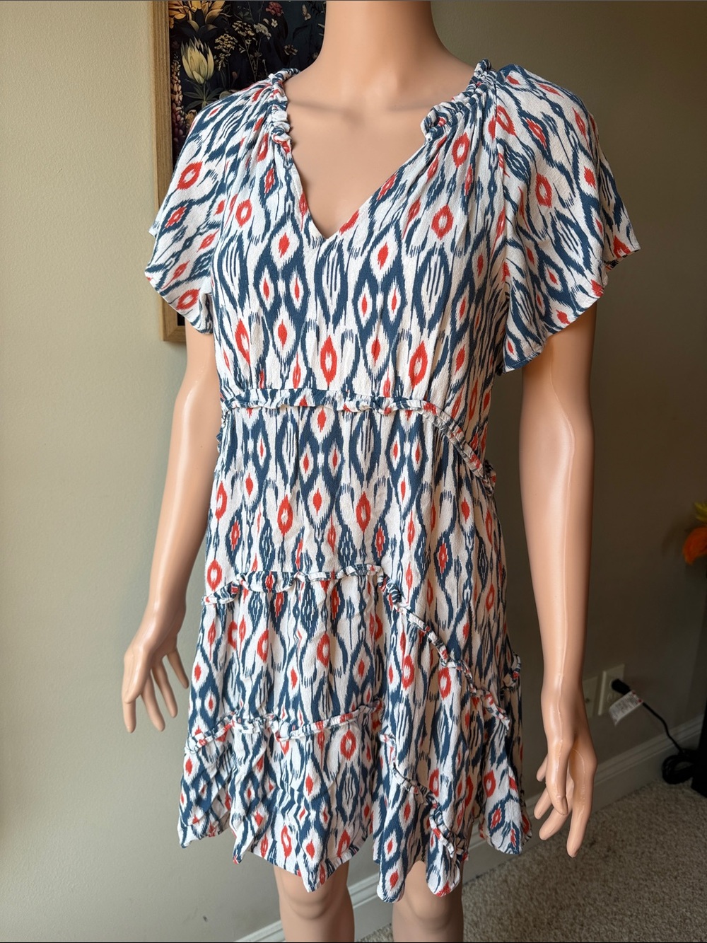 Anthropologie White Navy & Red Ikat Tiered Mini Dress